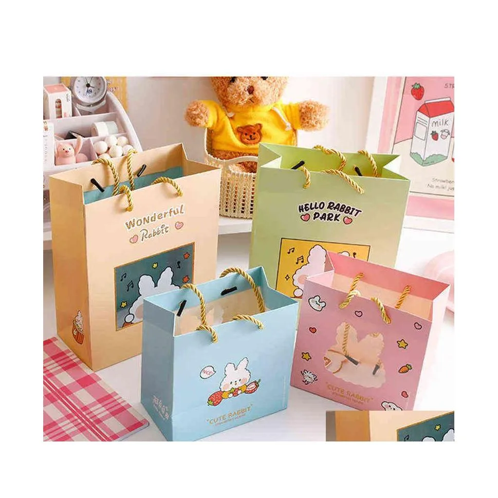 Gift Wrap Korean Portable Shop Bag Cute Cartoon Pattern Paper Portables Kawaii Bags Packaging Birthday Party Gifts Bager Storage Vtm Dhslu