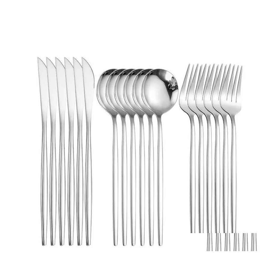 Dinnerware Sets Sier Cutlery Fork Spoon Knife Set Mirror Spoons Facas
