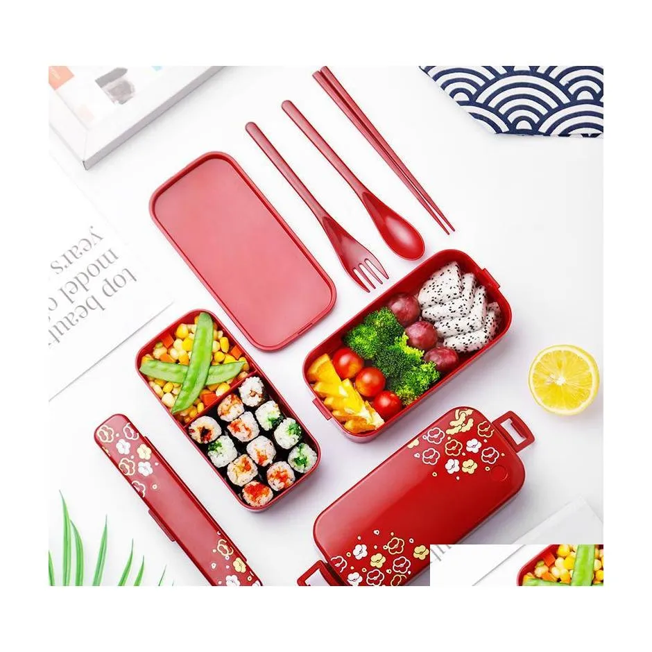 Servis uppsättningar Microwave Lunch Box 2 Layer Japanese Flower Bento för containerlagring Portable School Picnic with Bag Drop Deliver DHGSF