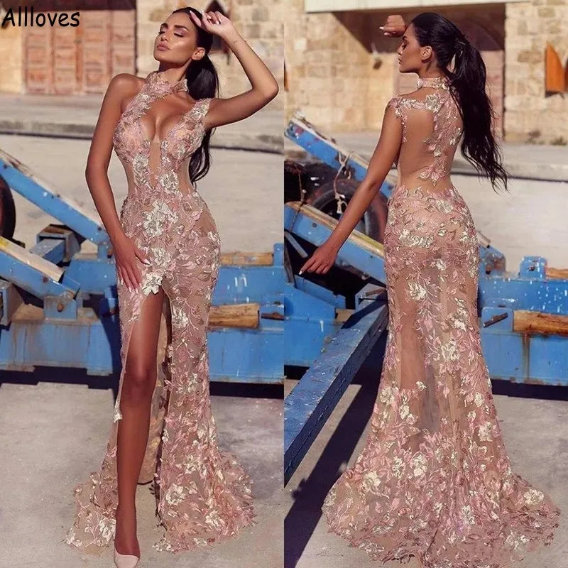 Pink Emebroidery Floral Lace Sexy Halter Evening Dresses Cut Out High Split Aso Ebi Special Occasion Formal Gowns Mermaid See Through Prom Reception Dress CL1590