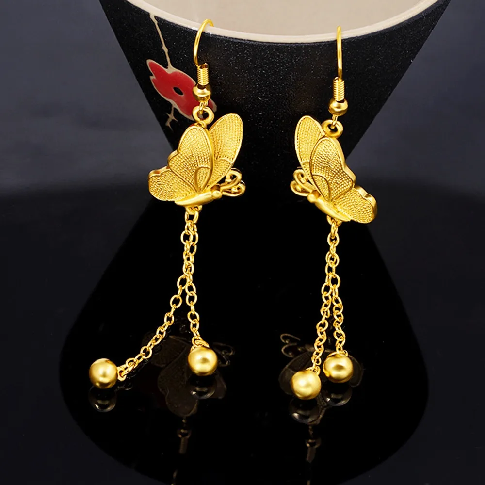 Pendientes largos con borlas colgantes de mariposa para boda, joyería nupcial rellena de oro amarillo de 18k, pendientes llamativos de regalo elegantes