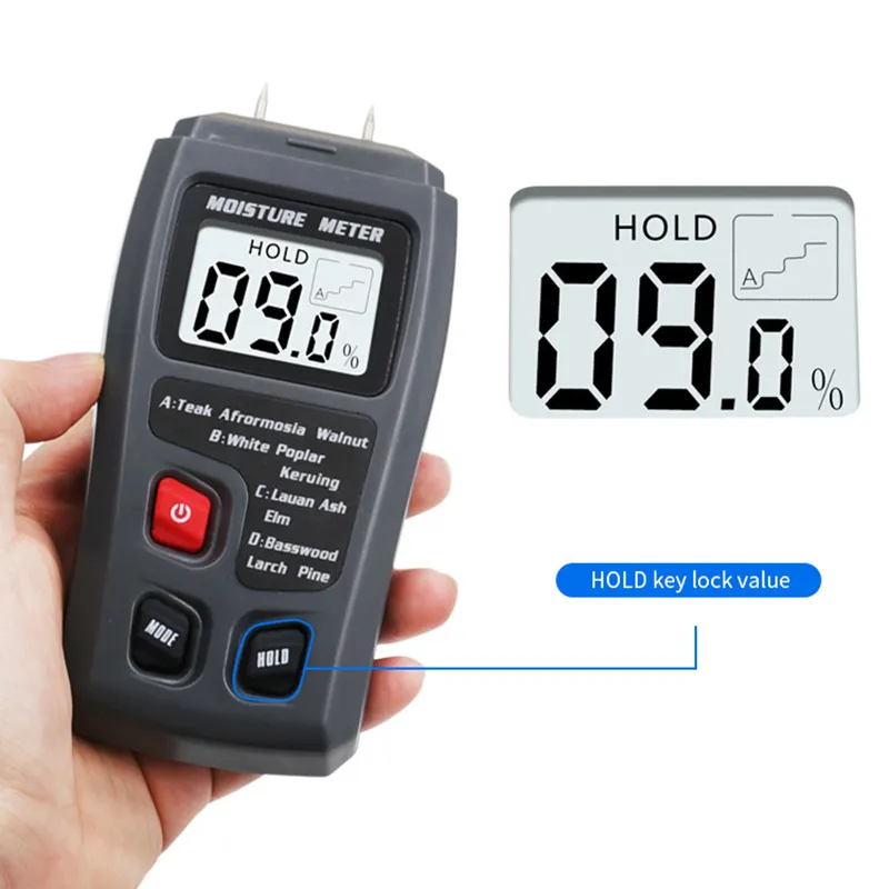 0-99,9% Medidor digital de umidade de madeira de dois pinos Testador de umidade de madeira Higrômetro Detector de umidade de madeira Visor LCD grande