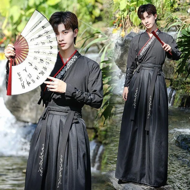 Etnische kleding Mannen Oude Chinese Hanfu Cross-Collar borduurwerk volkswerkprestaties Cosplay Cosplay Kostuum Oriental Black Swordsman Outfit