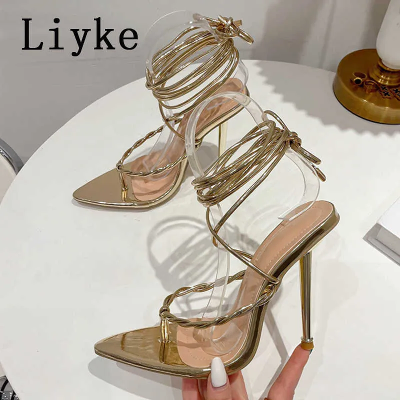 Sexy spitze Toe Liyke Metal Dünne High Heels Gold Sandalen Frauen Sommer Mode-Knöchel Schnürung Hochzeitskleid Schuhe Sandalias Mujer T221209 518ba