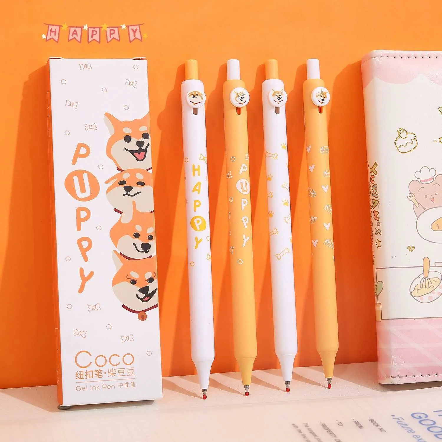 4st Puppy Dog Gel Pennor Set Coco -knapp Klicka p￥ Typ 0.42mm BALL POINT Snabbt torr svart f￤rgbl￤ckskolekontor A7278