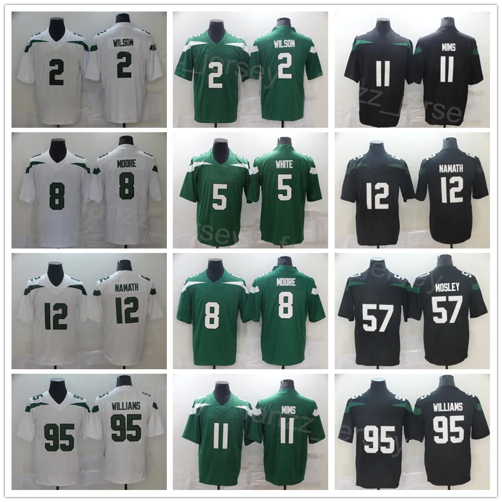 Hommes Football 8 Elijah Moore Jersey 11 Denzel Mims 5 Mike White 57 CJ Mosley 2 Zach Wilson 95 Quinnen Williams 12 Joe Namath Team Noir Vert Blanc Couleur Cousu Sport