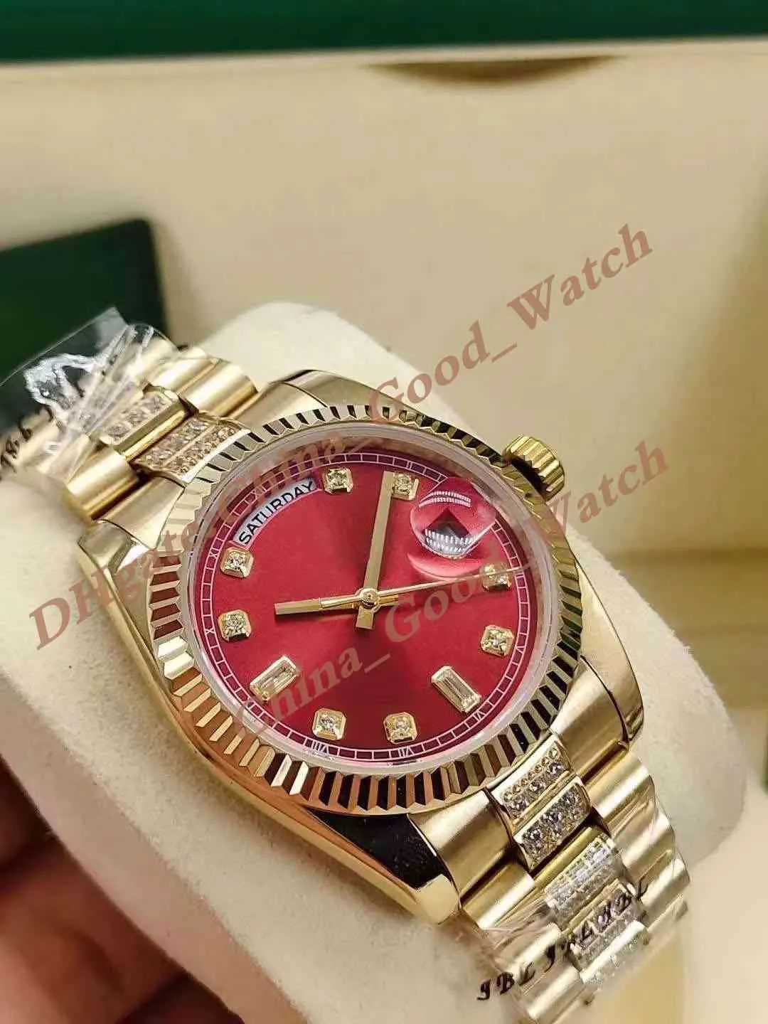 36MM Red Dial Yellow Gold Automatic Men s gold watches for men with Diamond Bracelet Strap and Date Function Fashionable Business Timepiece for Men and Women with Original Box