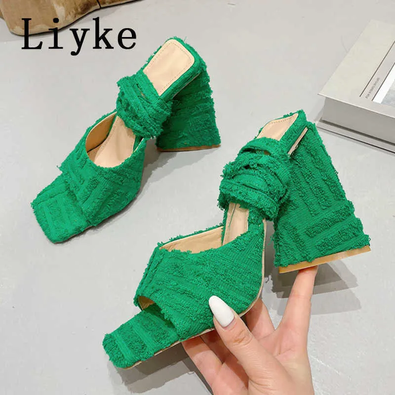 Kvinnor High Fashion Heels Sandals Triangle Liyke Gladiator Summer Corduroy Square Toe Ankel Lace-up Lady Dress Shoes Shoes Green T221209 475