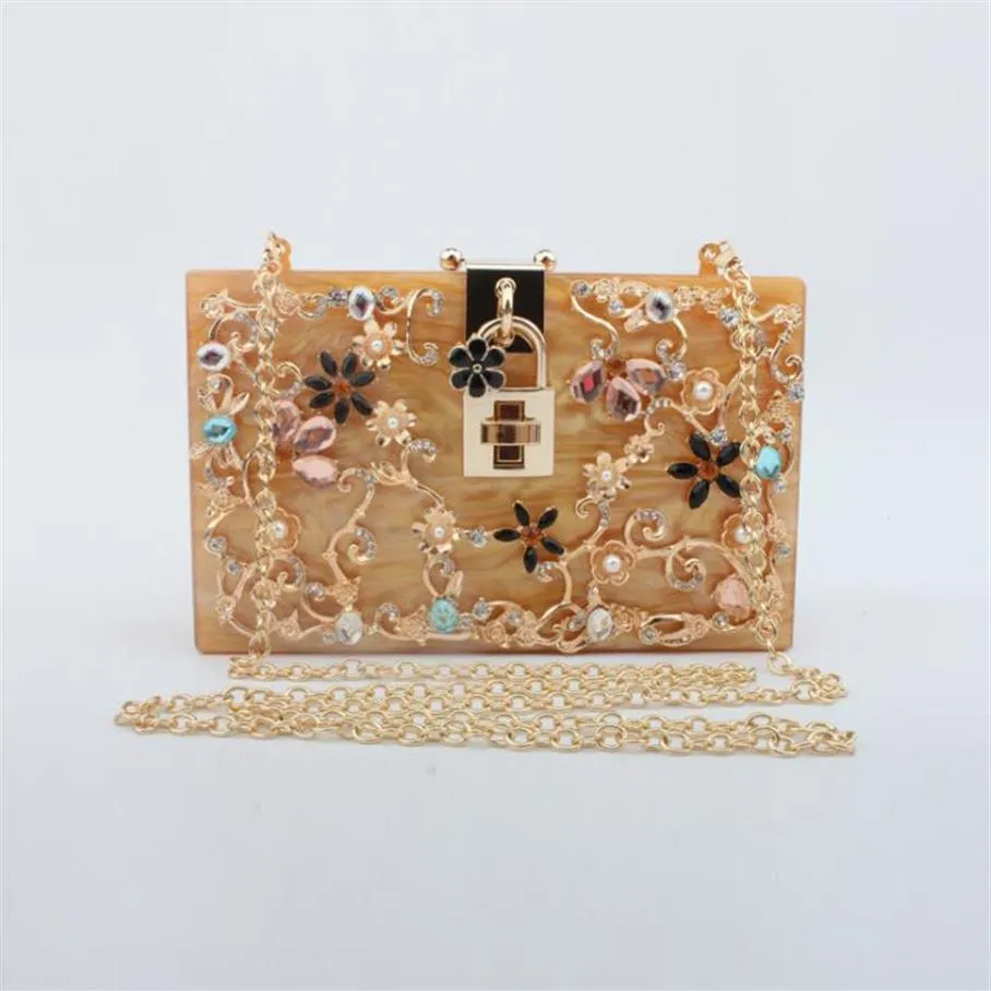 Factory whole women bag high quality acrylic alloy carved handbag sweet little fresh candy-colored diamond chain bags elegant 2440