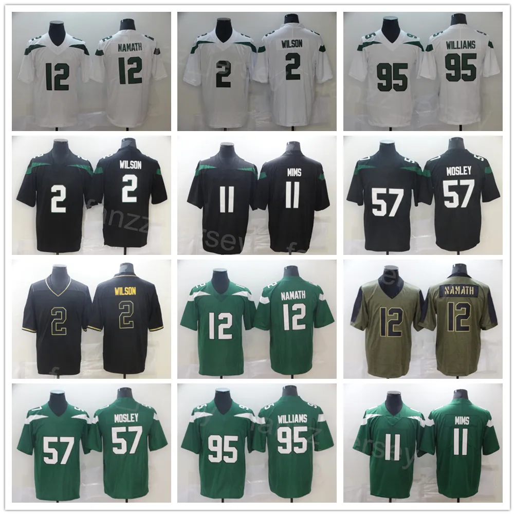 Men Football 57 CJ Mosley Jerseys 2 Zach Wilson 95 Quinnen Williams 11 Denzel Mims 12 Joe Namath 5 Mike White Olive Salute to Service Army Green Black White Uniform