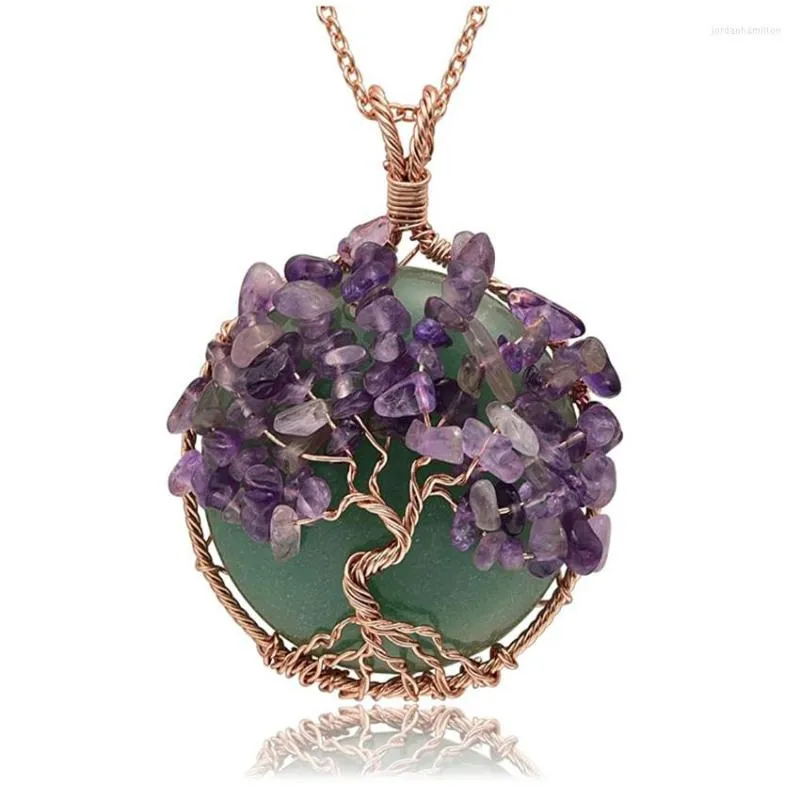 Pendentif Colliers Couleur Or Rose Fil Wrap Vert Aventurine Arbre De Vie Collier Améthystes Pierre Bijoux