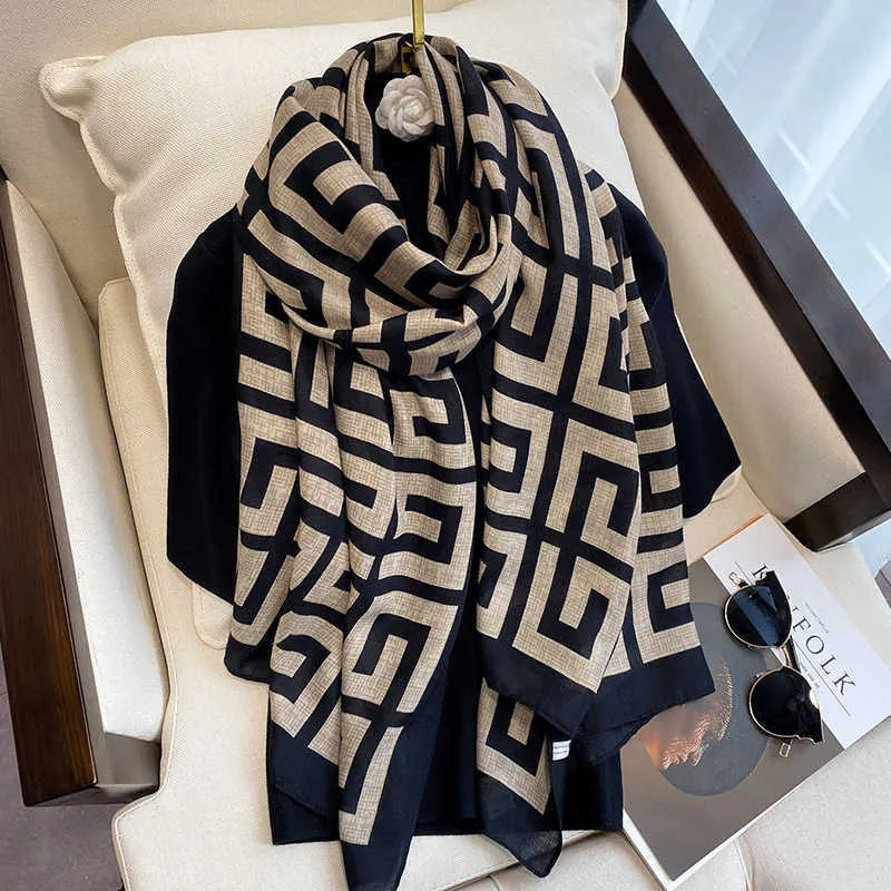スカーフハットグローブスーツスカーフ幾何学的な新しい綿とリネンハンドル女性冬のバージョン汎用暖かいガーゼ