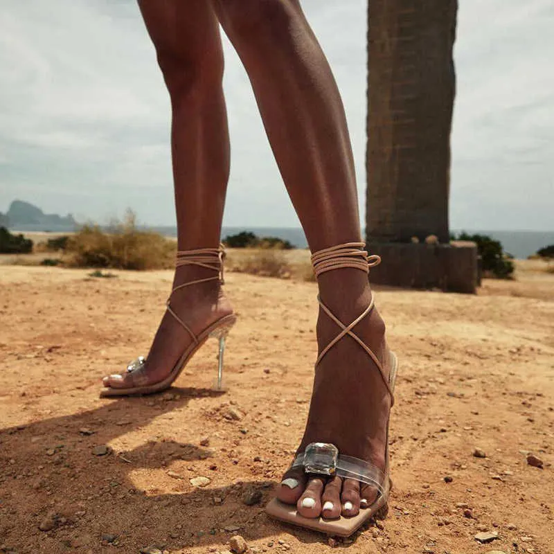 Kobiety Kobiet Nowe sandały kwadratowe buty na wysokie obcasy Przezroczyste modne mody dhinestones imprezowy pasek krzyżowy footw e3be