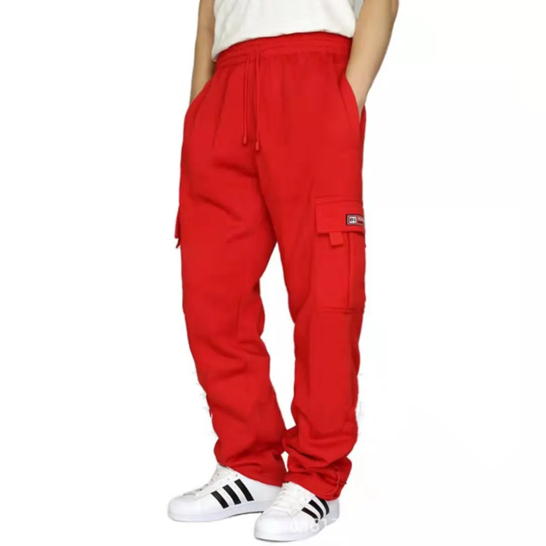 Pantalon homme polaire doublé Cargo pantalon de survêtement fond ouvert jambe droite décontracté coupe ample Baggy athlétique survêtement pantalon avec poches