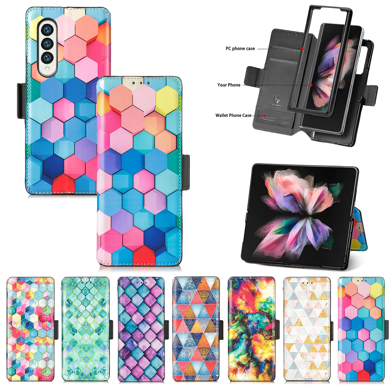 Lattice Rainbow PU Couather Magnetic Casos Card Card Slot Kickstand RFID Blocking Protetive para Samsung Galaxy Z Fold 4 3 5g Fold3 Fold4