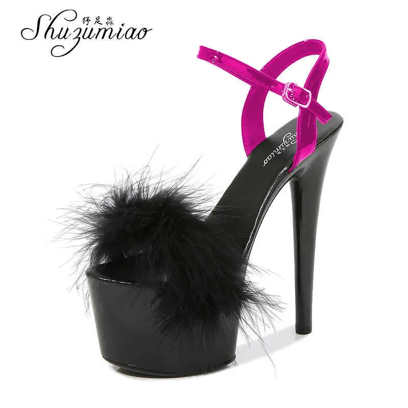 Mixed Colors Shoes Fur Women Pole 2021 Dance Feather Sandals Stripers Heels Platform 17 CM Sexy High Heel T221209 143