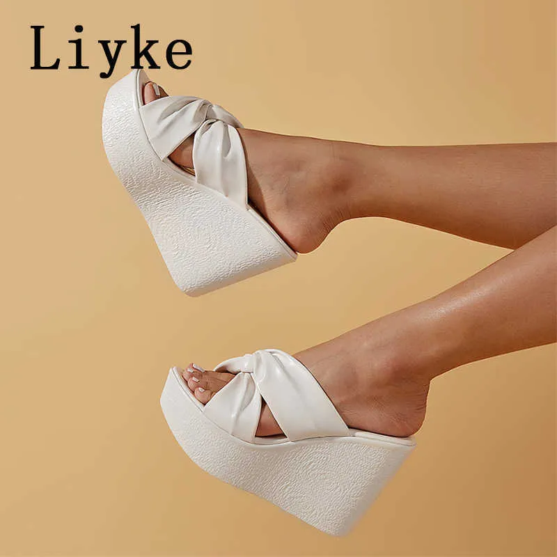 Sandals Liyke Platform Heels Slippers Female High Quality Pleated Peep Toe Gladiator Wedge Sandals Summer Women Slider Shoes Pumps White T221209