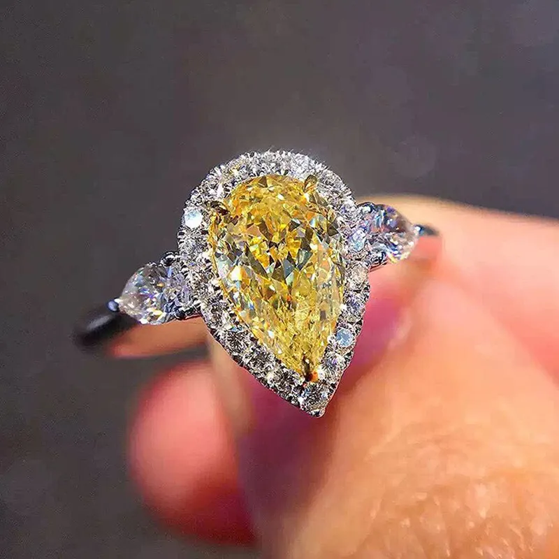 Yellow Diamond Water Drop Zircon Ring Cluster Engagement Wedding Rings Gift Fashion Fine Jewelry Will and Sandy