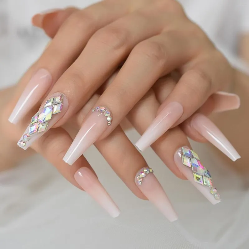 Use It And Instantly Enhance Your Style! This Set Includes 24pcs Milk-white  To Champagne Gradient Coffin-shaped Nails With European Rhinestone  Decoration. It Comes With 1pc Jelly Gel And A File. Suitable For