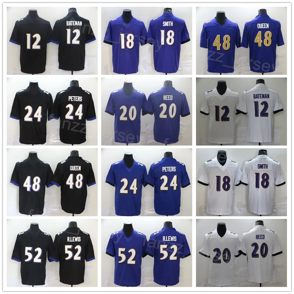 남성 축구 24 마커스 피터스 저지 12 Rashod Bateman 18 Breshad Perriman 20 Ed Reed 48 Patrick Queen 52 Ray Lewis Purple White Team 스티치 증기 컬러 러시