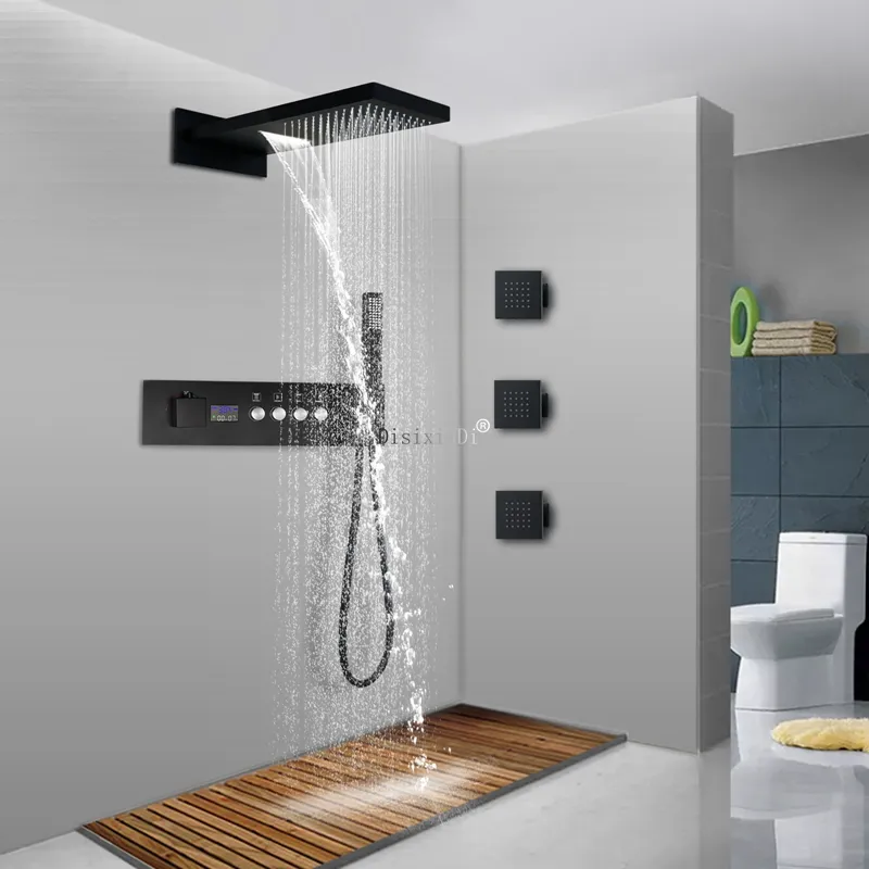 Wall Entry Type Rain Waterfall Shower Head Bathroom Brass Valve Mixer Shower Faucet With LED Digital Display Thermostat Set