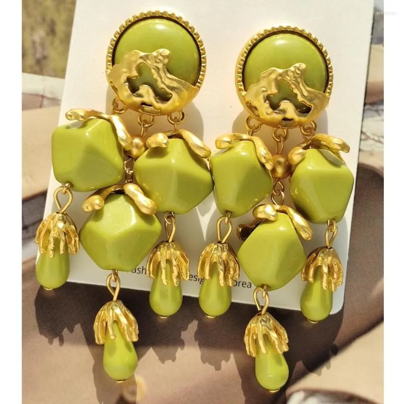 Kolczyki Dangle Vintage Olive zielona żywica długa kropla Duża kropla dla kobiet kobiecy biżuteria 2022 Matte Złoty Kolor przesadzony