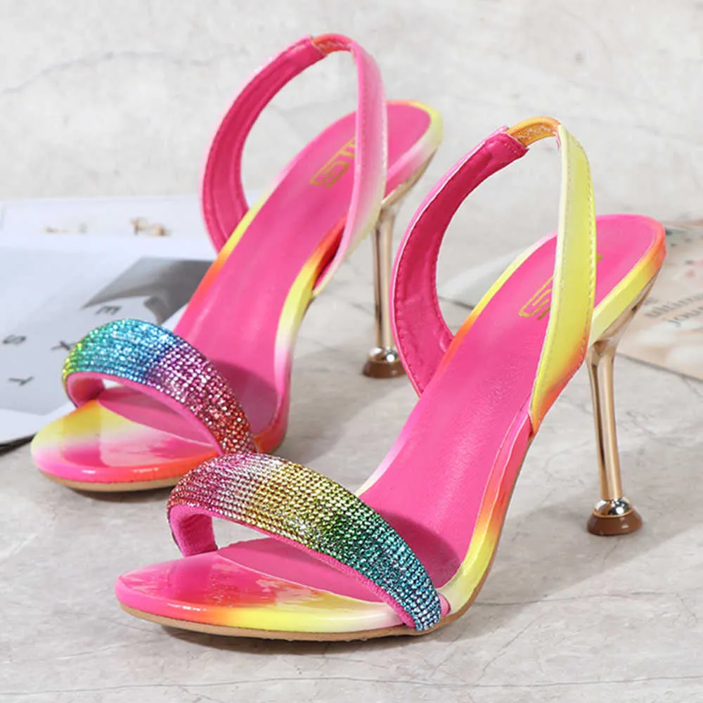 High Elegant Heels Women Slingback Rhinestones Stiletto Gladiator Sandaler Summer Fashion Color Party Prom Shoes T