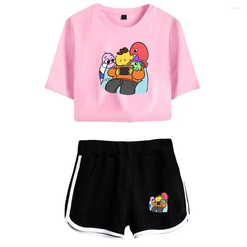 Tracksuits voor dames grappige 2 stuks set anime glimlachende vrienden korte mouwpak damesmeisjes meisjes sexy navel t -shirt sets mode tweedelig