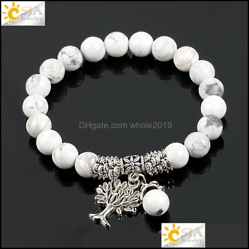 Pulseiras com miçangas redondas de pedra Howlita branca Mala Beads Tree Of Life para homens Yoga tibetano Cura Power Energy Bracelet 1673 V Othx8