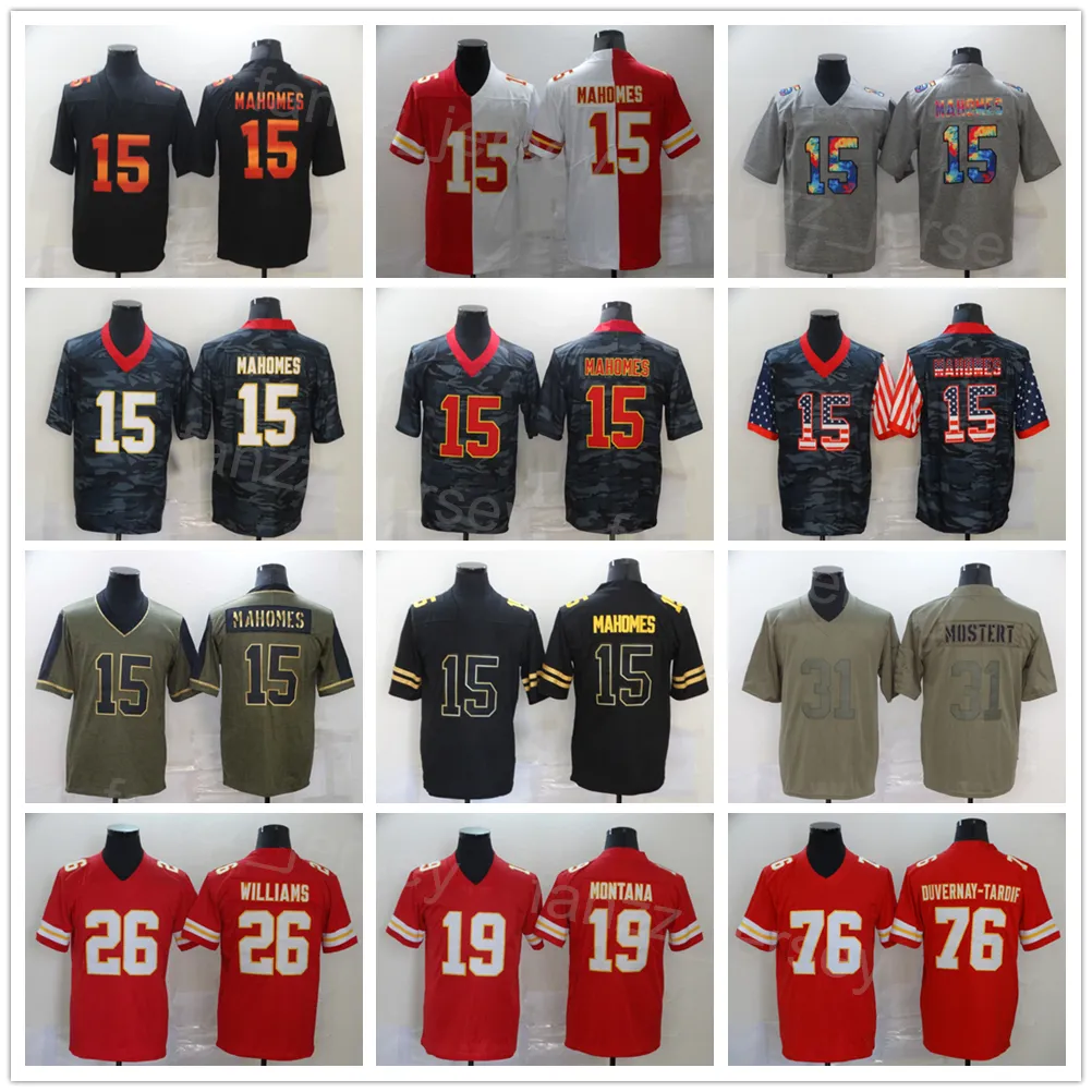 Erkekler Futbol 19 Joe Montana Forma 76 Duvernay-Tardif 15 Patrick Mahomes Siyah Kırmızı Beyaz Yeşil Salute To Service Buhar Renk Hücum Gökkuşağı Leopar Taneli Heceleme