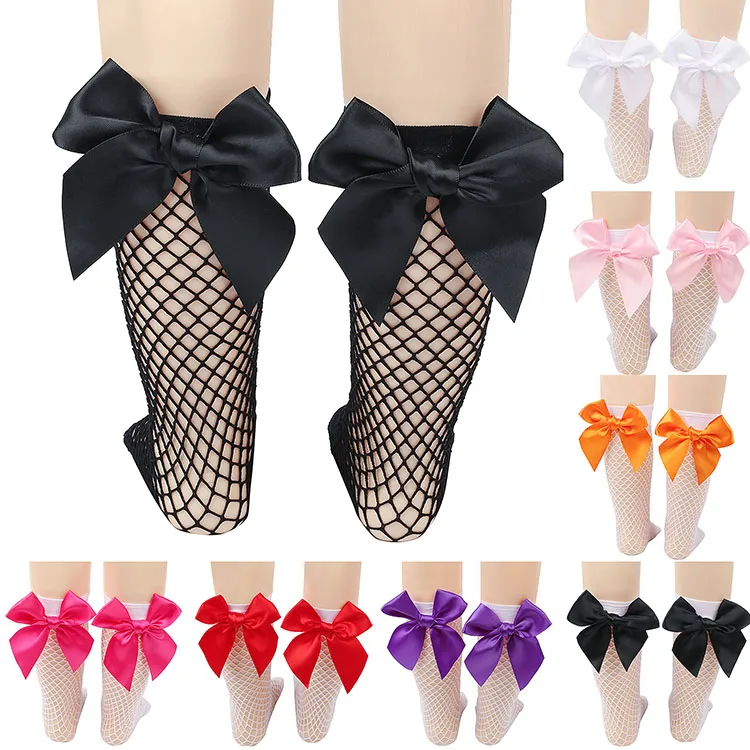 Summer Baby Girls Kids Mesh Socks Bow Fishnet Ankle High Lace Fish Net Vintage Back Short Girl M4262