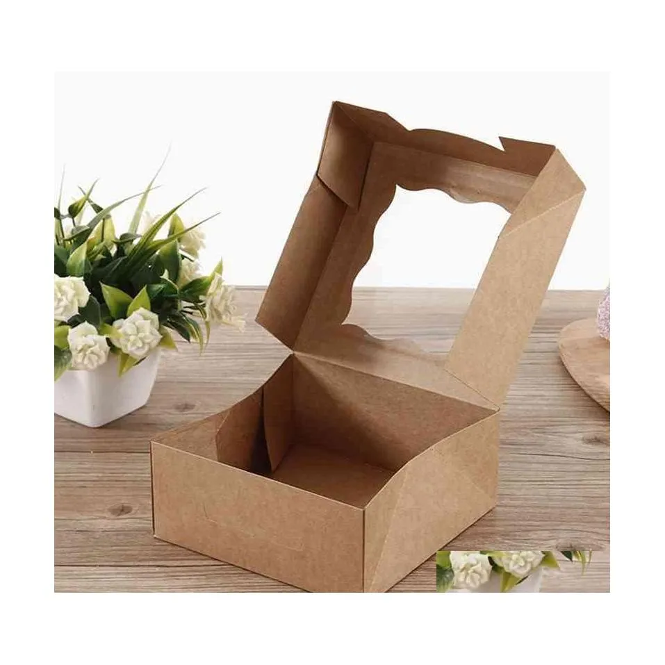 Gift Wrap Vintage Transparent Window Kraft Paper Baking Box Grain Candy Packaging Handmade Cake West Point Muffin Boxs Part Ing Drop Dhaup