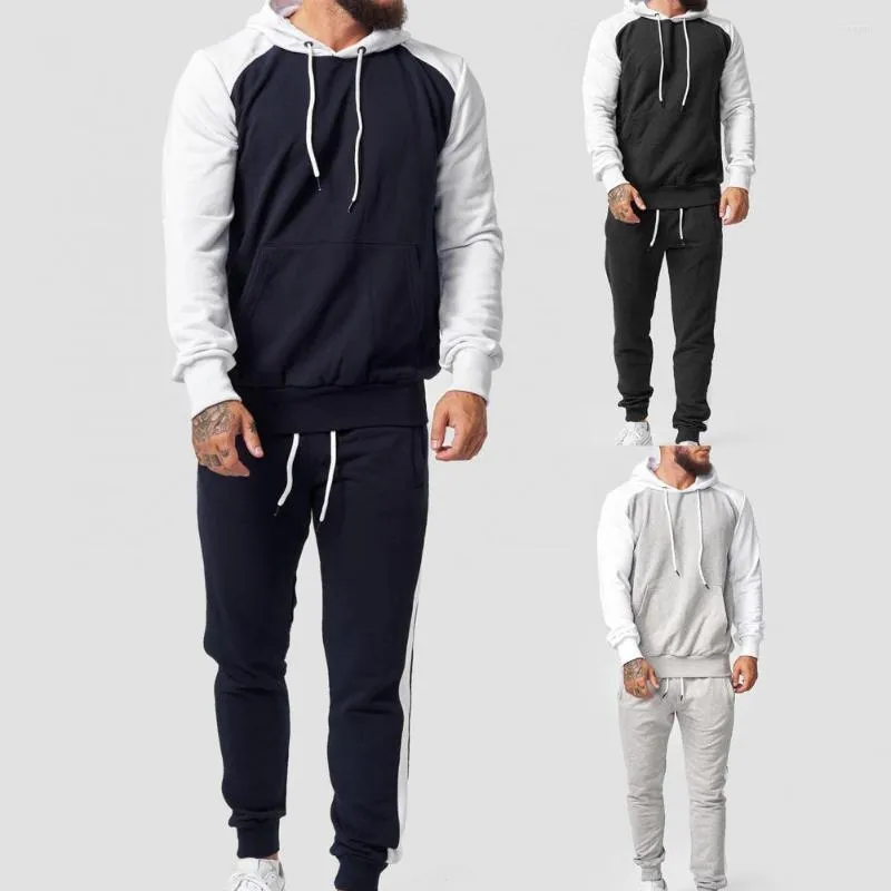 Men's Tracksuits Autumn Men Pants Suit Contrast Color Long Sleeve Hooded Loose Drawstring Sports For Work