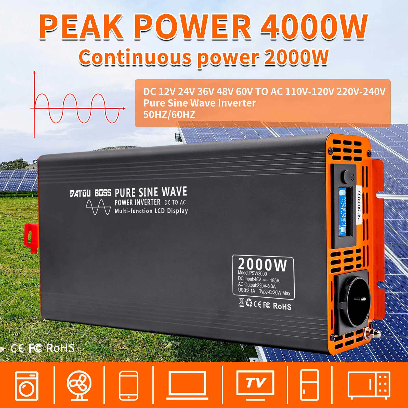 Datouboss Pure Sine Wave Inverter 4000W DC 12V 24V 36V 48V 60VからAC 220V 240Vパワーインバーター連続電力2000W