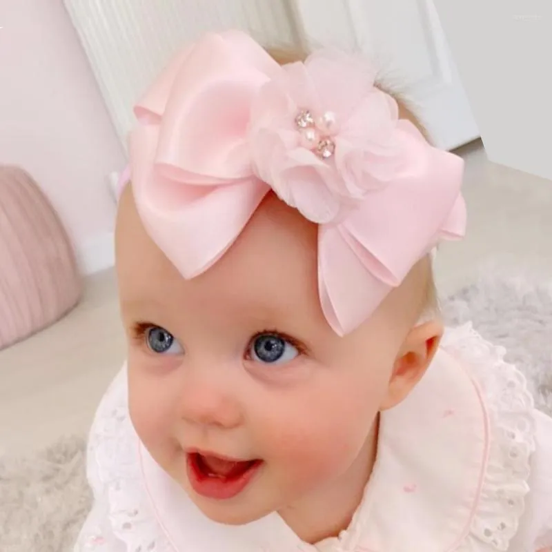 Accessoires de cheveux bébé fille bandeau Satin bande arcs né bandeau enfant en bas âge Bandage ruban mousseline de soie fleur Rose chapeaux enfants