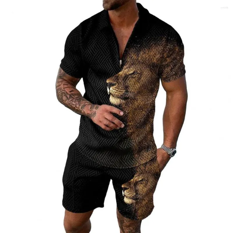 Men's Tracksuits 2Pcs/Set Men Outfit Tracksuit Animal Short Sleeves Loose Type Zipper Lapel Plus Size Top Shorts Set