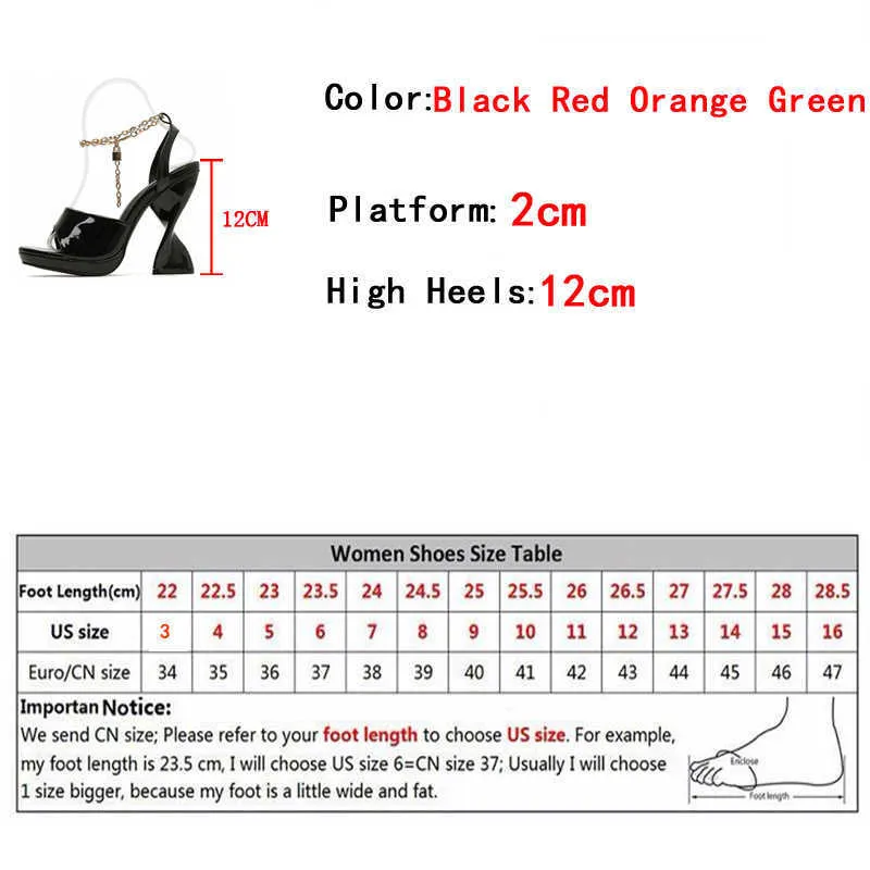 Sandals Liyke Fashion Chic Strange Chunky High Heels Platform Sandals Women Black Green Patent Leather Peep Toe Chain Ankle Strap Shoes T221209