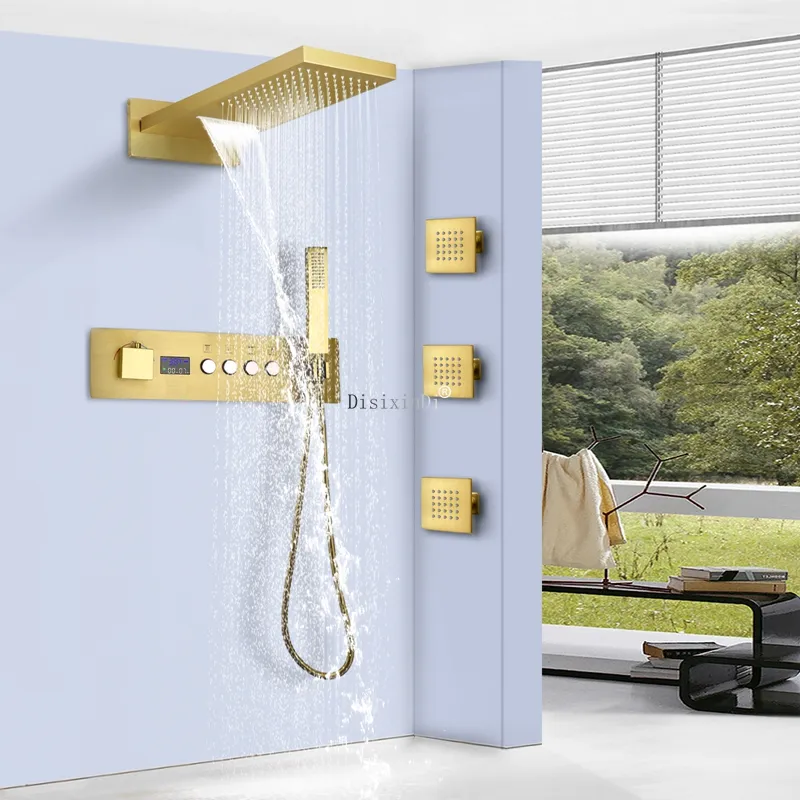 Badezimmer-Wandmontage, 20-Zoll-Duschkopf, Regen-Wasserfall-Duscharmaturen-Set mit LED-Digitalanzeige, Ventilkörper