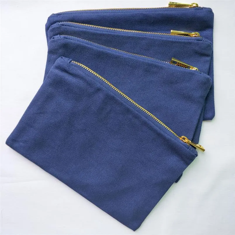 6x9in Blank 12oz Navy Cotton Canvas Makeup Bag med Gold Metal Zip Gold Foder Solid Navy Blue Canvas Cosmetic Bag Factory i Stoc295p