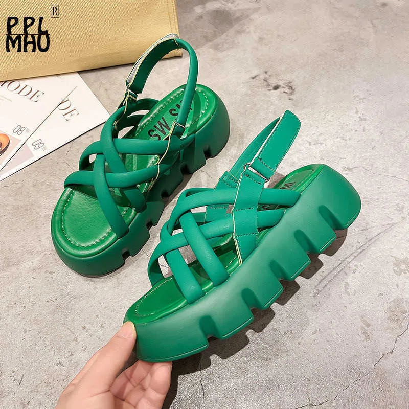 Sandaler Green Retro Summer Platform Sandaler Korean Peep Toe Hollow Comfor Roman Shoes 2022 Fashion Outdoor Non-Slip Casual Beach Shoes T221209