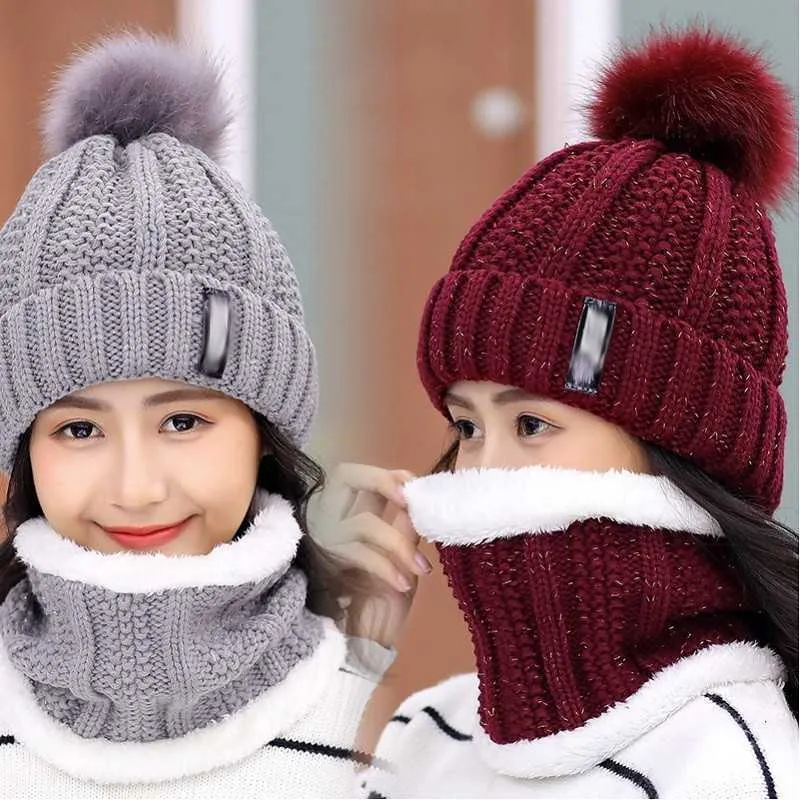 Sciarpe S Sciarpa Guanto Set Beanie/Completo Cappello invernale da donna all'aperto Lana lavorata a maglia Caldo spesso antivento Pom Donna