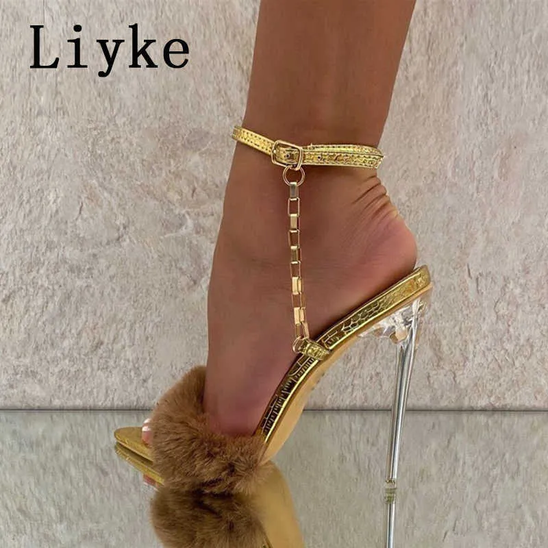 Sandals Liyke Women Sexy Sandals Transparent High Heels Ladies Fashion Fluffy Pointed Toe Buckle Strap Party Shoes Silver T221209