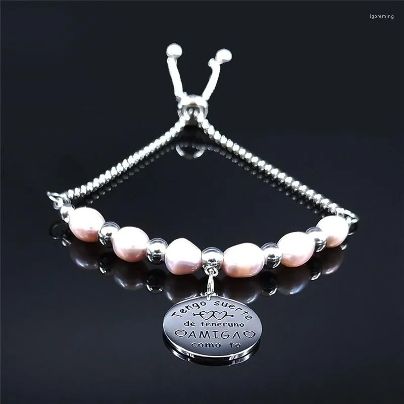 Pulseira rosa de água doce pérola aço inoxidável charme de pulseiras prateadas cor amiga jóias acero johreia bxs07