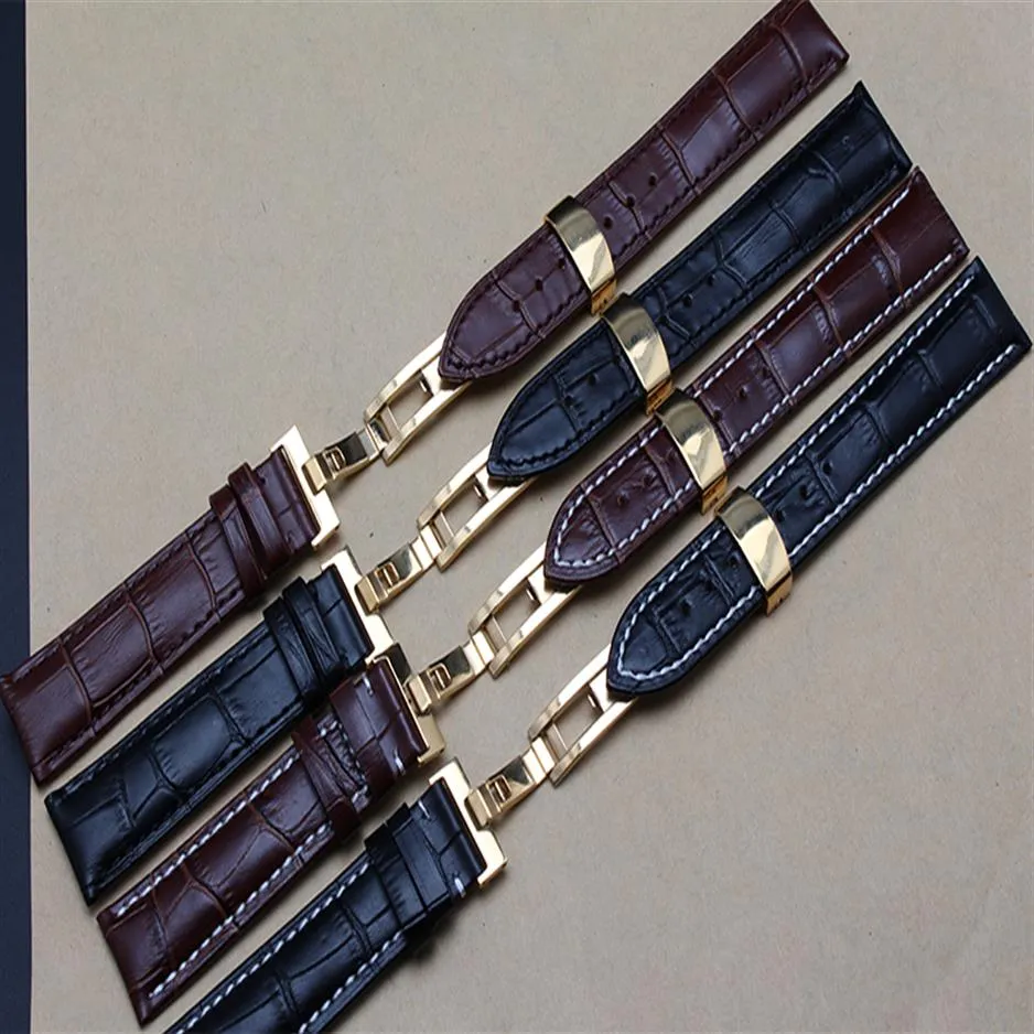 Nieuwe gouden vlinderimplementatie Hersleutel Band 18mm 19mm 20mm 21 mm 22 mm Echt lederen horloge mannen Straps armbanden promotie293a