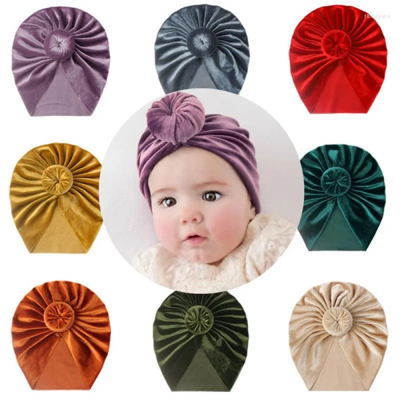 Hårtillbehör 8 färger 0-4y baby för född fast färg elastisk knut beanie sammet donut småbarn turban guld kid hatt pullover cap