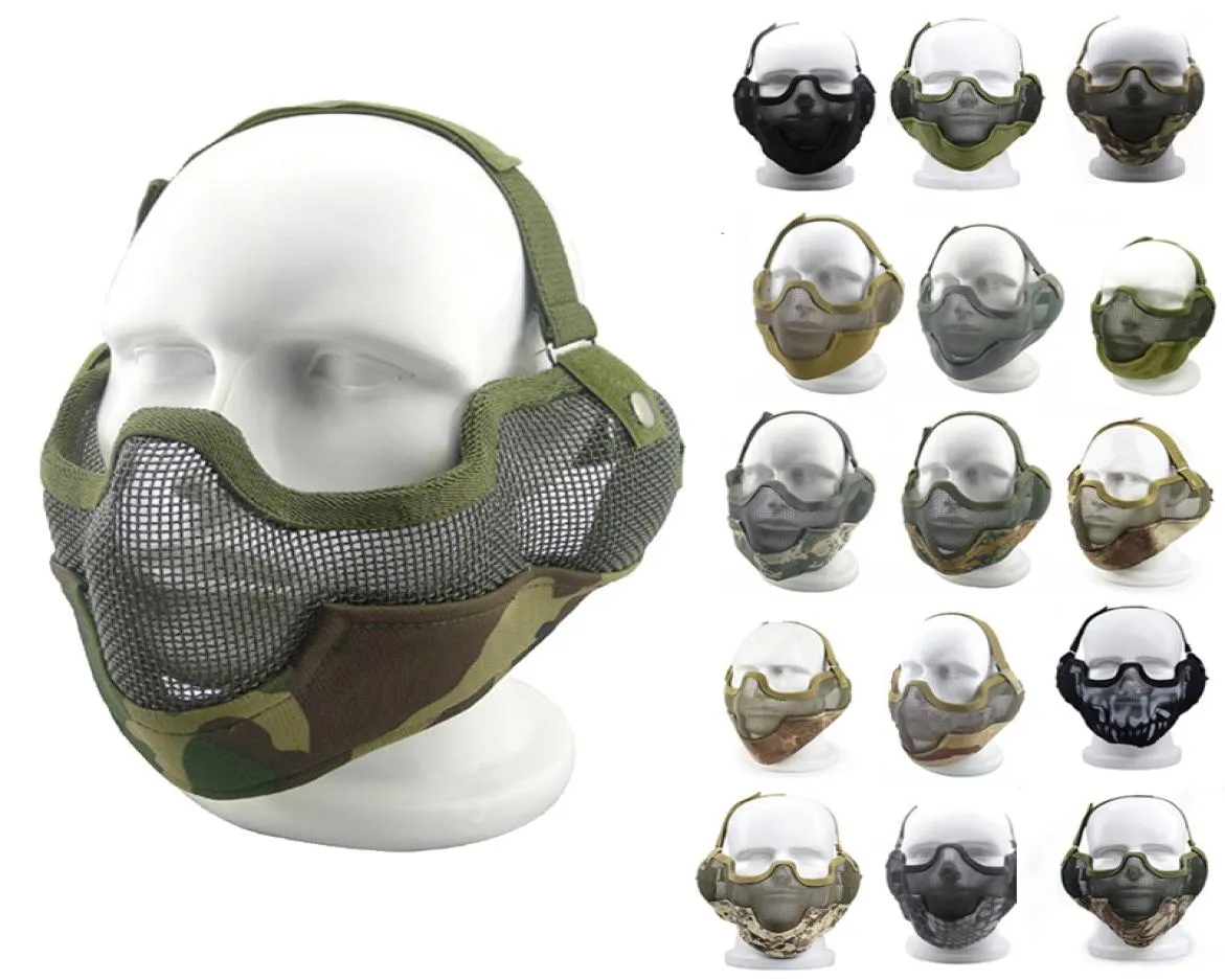 Тактическая маска AirSoft с протепленой ушей наружной AirSoft стрельба для защиты лица V2 Металлическая стальная проволочная сетка Половина FACENO030044388890
