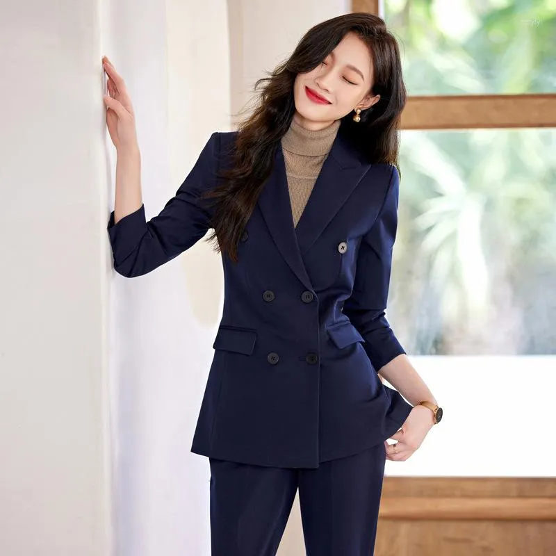 Women's Two Piece Pants 4XL-S Blazer Women Suits Sets Fashion Navy Blue Gray Black Spring Autumn Office And Trousers Two-piece Wear