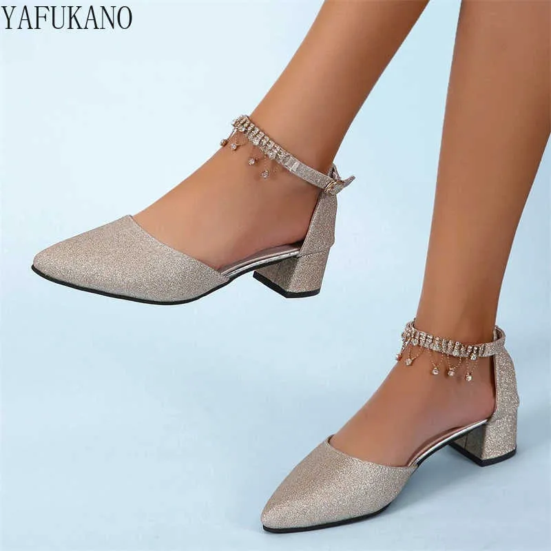 Sandals Glitter Rhinestone Tassel Decor Chunky Heeled Ankle Strap Pumps Mid Hollow Women High Heels Gold Silver Wedding Shoes Size 34-42 T221209