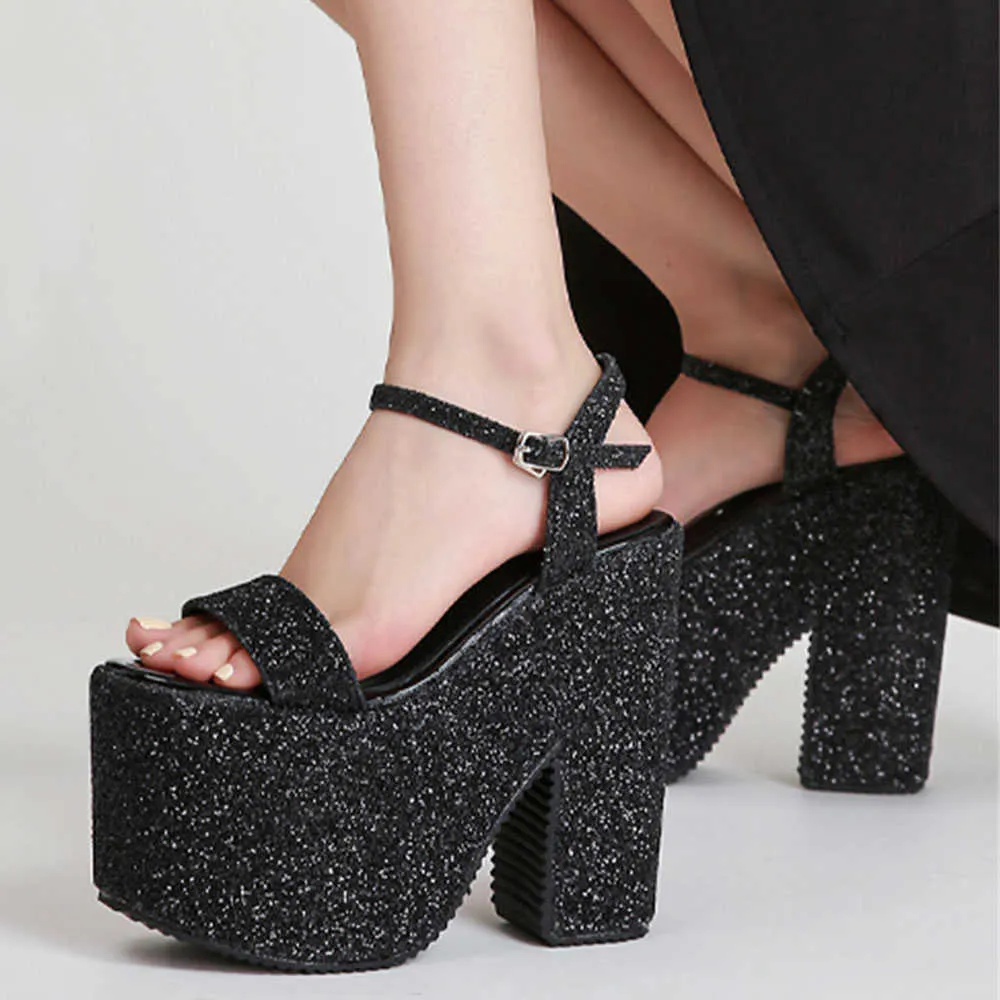 Gigifox Sequined Chunky Black Heels Super High растущая летняя готическая женская обувь сандалии T221209