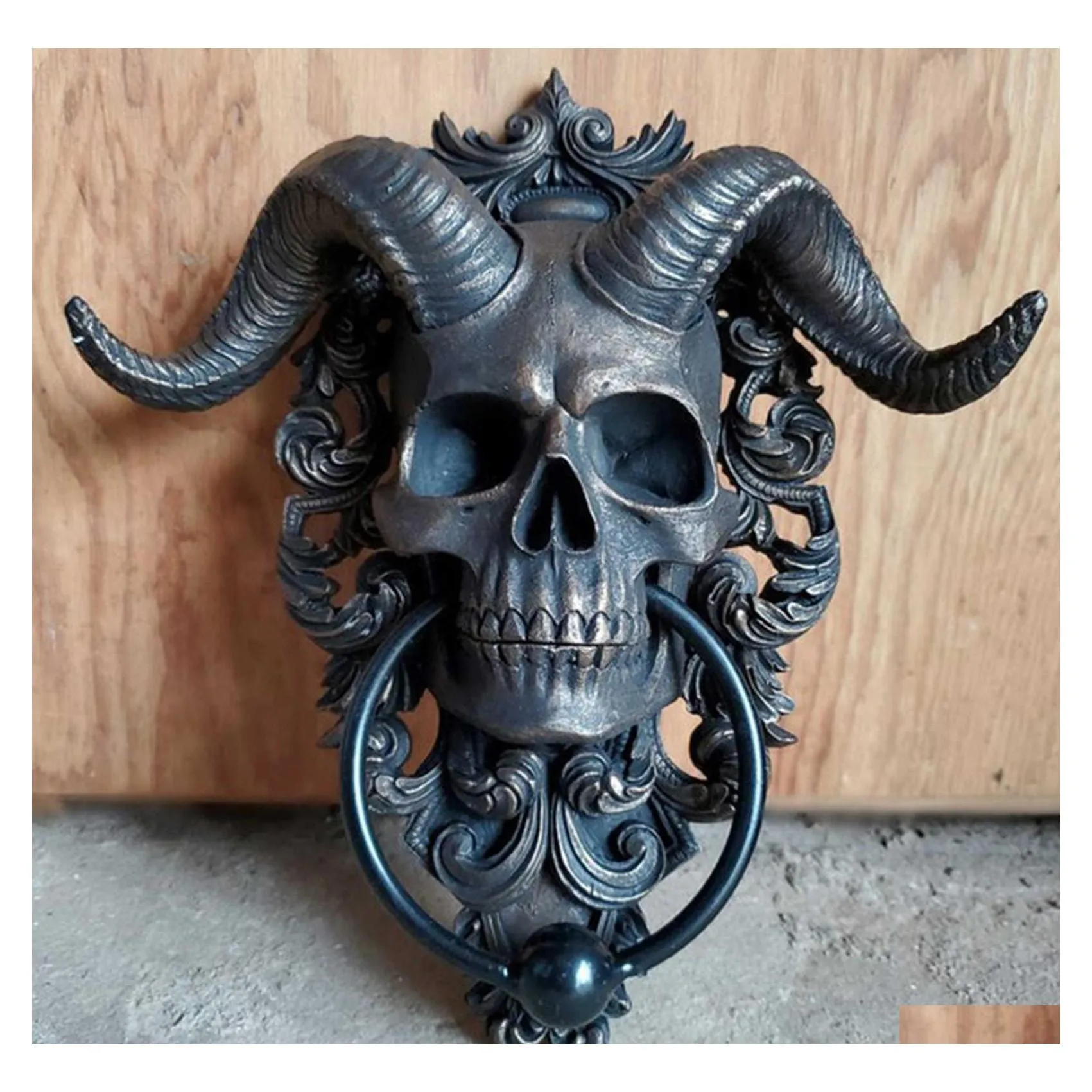 Objets Décoratifs Figurines Tête De Squelette Heurtoir Décor Résine Goatheaded Figure Hanger 3D Punk Satan Skl Sheep Statue Mur P Dhso6